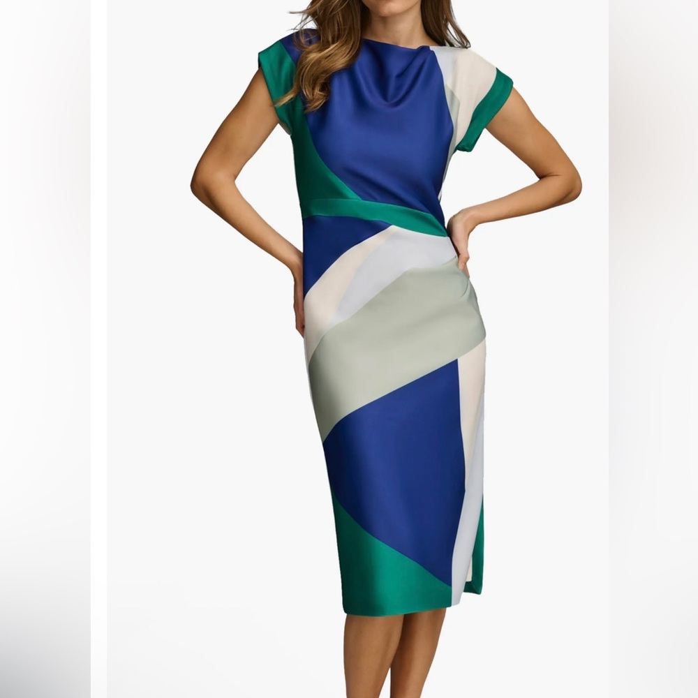 Donna Karan Blue, Green & Cream Geometric Sheath Midi Dress